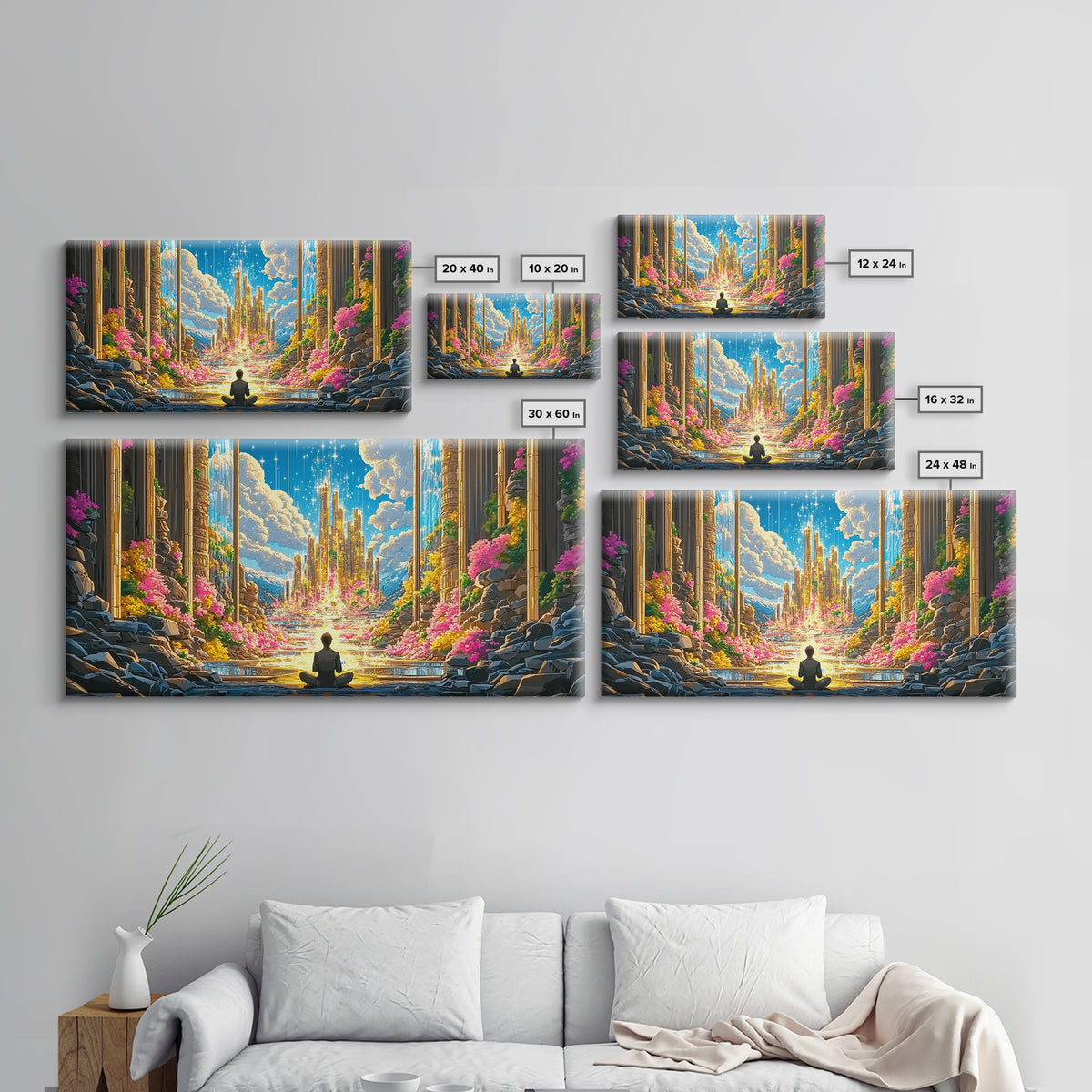 Meditating Figure Before Golden Celestial City Canvas Print, Fantasy Wall Art, Spiritual Decor, Meditation Room Art Gift