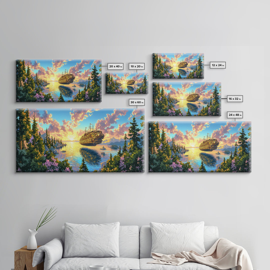 Steampunk Airship Over Sunset Forest Lake Framed Canvas Print, Fantasy Wall Art, Nature Decor, Cabin Living Room Art Gift