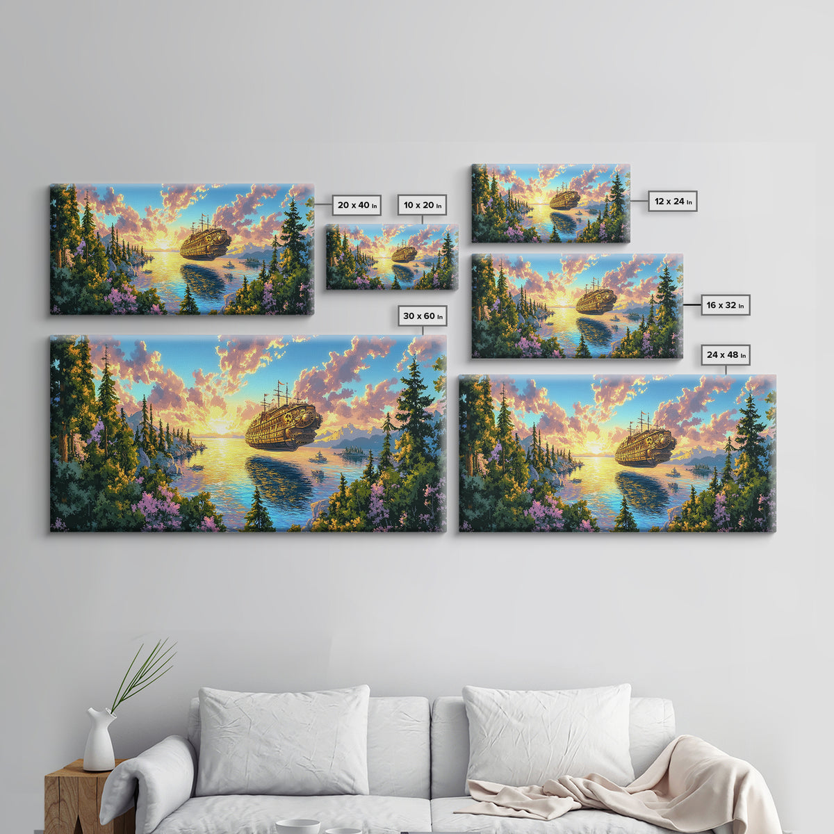 Steampunk Airship Over Sunset Forest Lake Framed Canvas Print, Fantasy Wall Art, Nature Decor, Cabin Living Room Art Gift