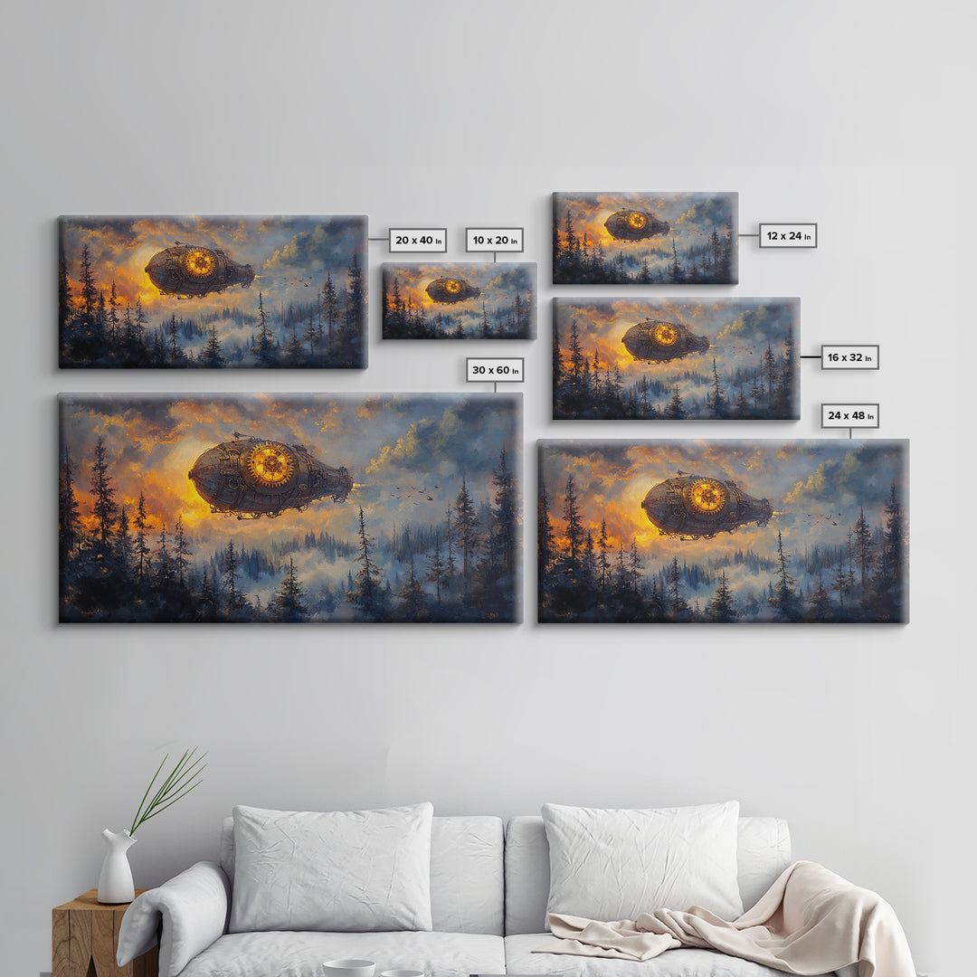Moody Steampunk Airship Above Misty Pine Forest Canvas Print, Dark Fantasy Wall Art, Industrial Decor, Masculine Office Art
