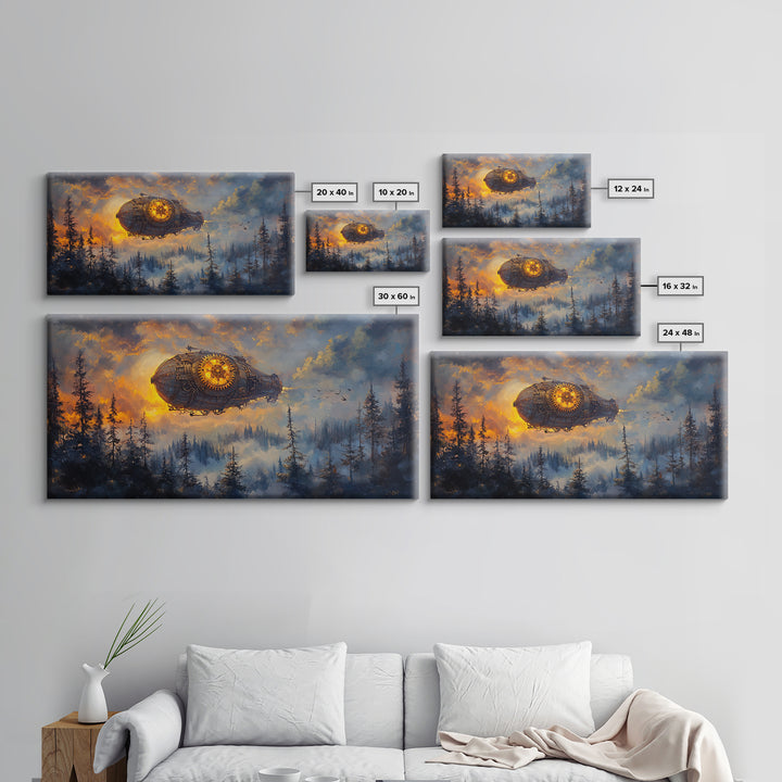Moody Steampunk Airship Above Misty Pine Forest Canvas Print, Dark Fantasy Wall Art, Industrial Decor, Masculine Office Art