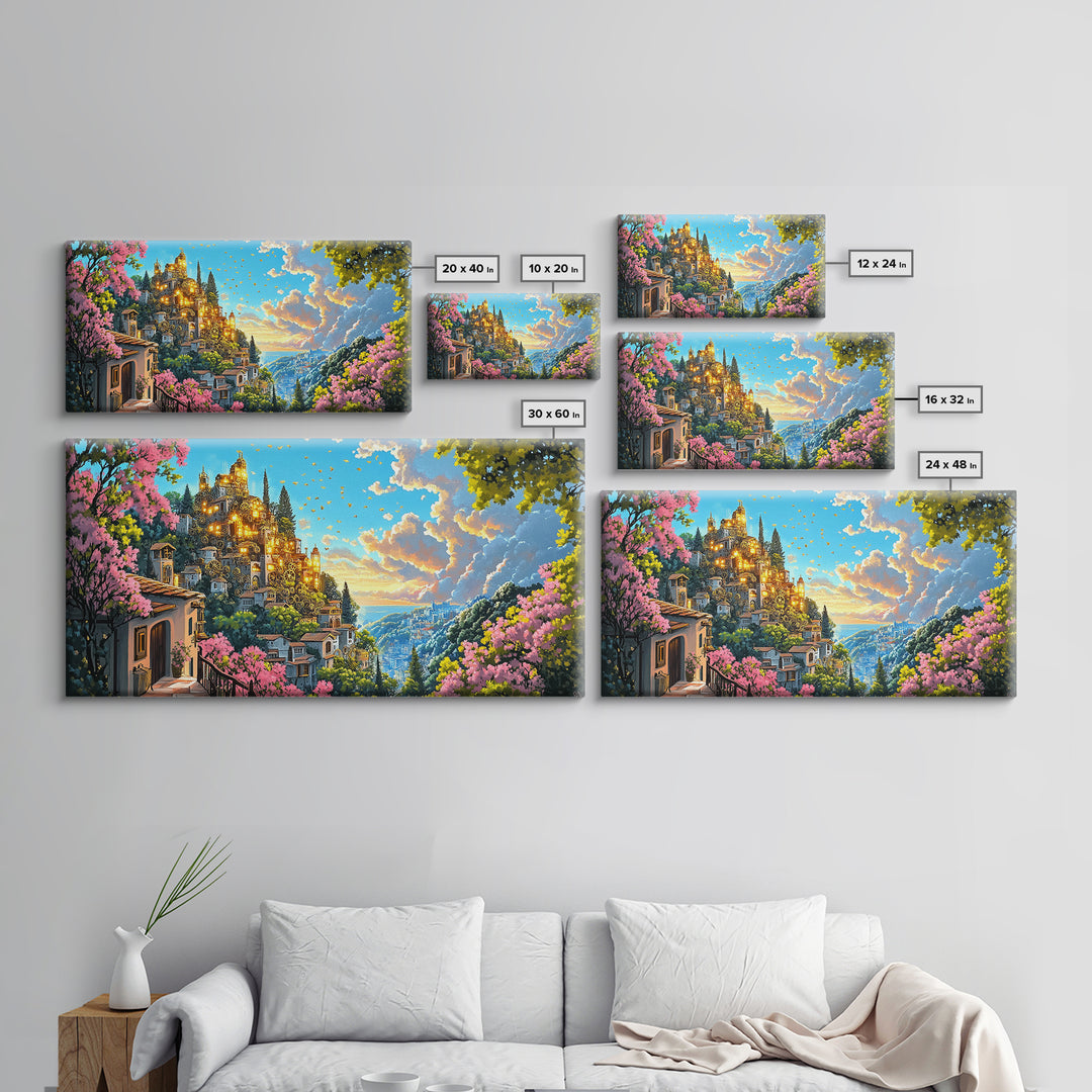 Golden Hilltop Castle With Pink Blossoms And Blue Valley Wall Art, Fantasy Canvas Print, Mediterranean Decor, Maximalist Art Gift