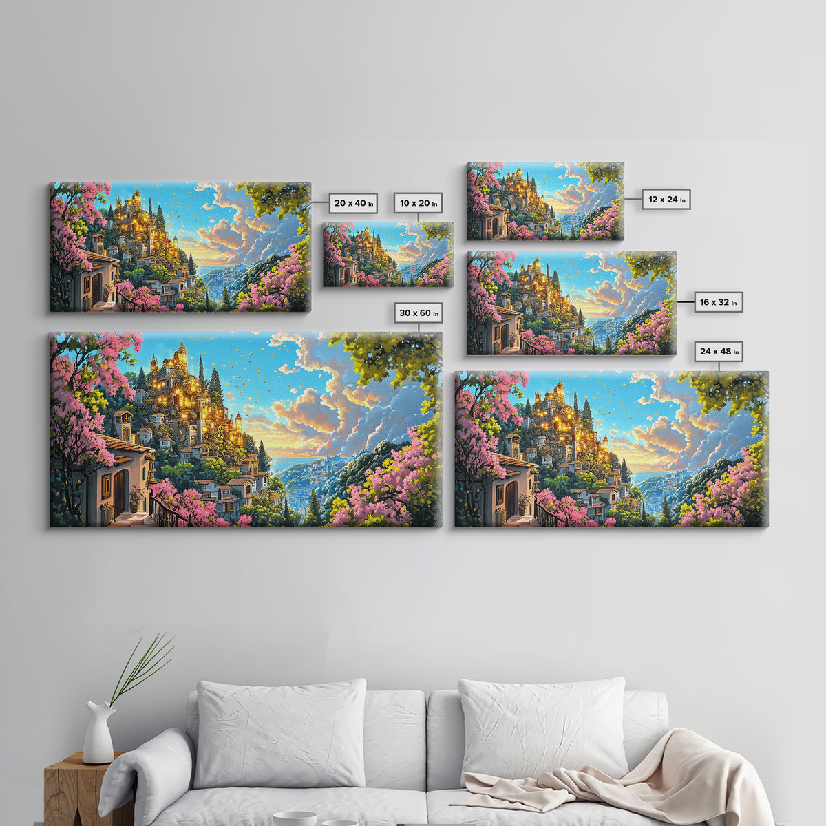 Golden Hilltop Castle With Pink Blossoms And Blue Valley Wall Art, Fantasy Canvas Print, Mediterranean Decor, Maximalist Art Gift