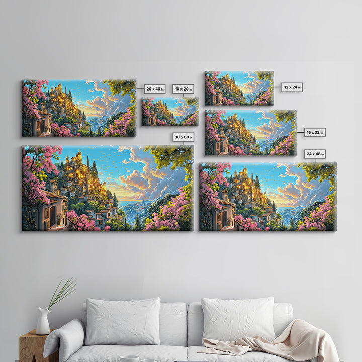 Golden Hilltop Castle With Pink Blossoms And Blue Valley Wall Art, Fantasy Canvas Print, Mediterranean Decor, Maximalist Art Gift