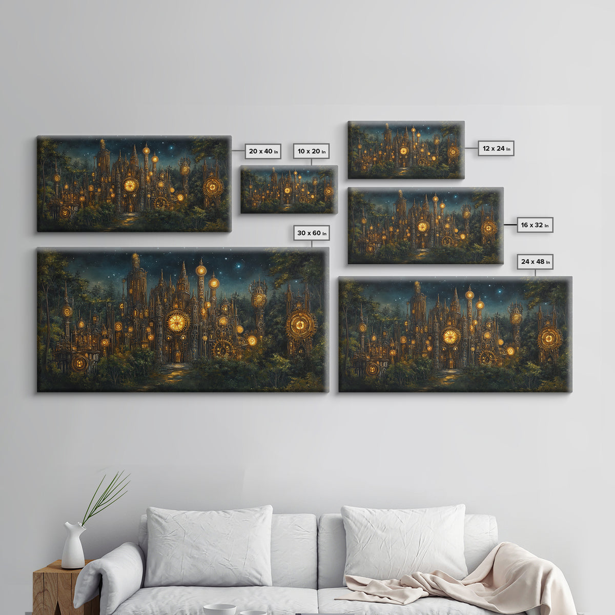 Clockwork Cathedral In Starry Forest Wall Art, Steampunk Fantasy City Canvas, Gothic Celestial Decor, Moody Office Print