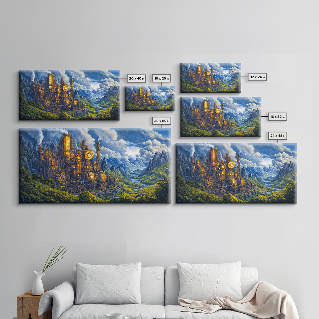 Steampunk Mountain Fortress Canvas Print, Industrial Fantasy Landscape Art, River Valley Wall Decor, Adventure Home Decor