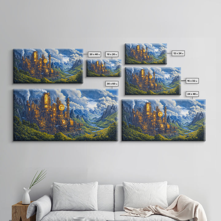 Steampunk Mountain Fortress Canvas Print, Industrial Fantasy Landscape Art, River Valley Wall Decor, Adventure Home Decor
