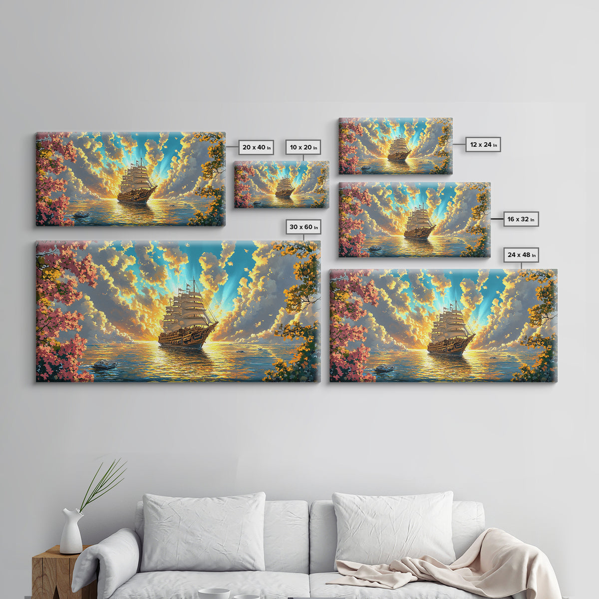 Golden Sailing Ship Canvas Print, Sunset Ocean Seascape Wall Art, Nautical Coastal Decor, Romantic Beach House Living Room Art