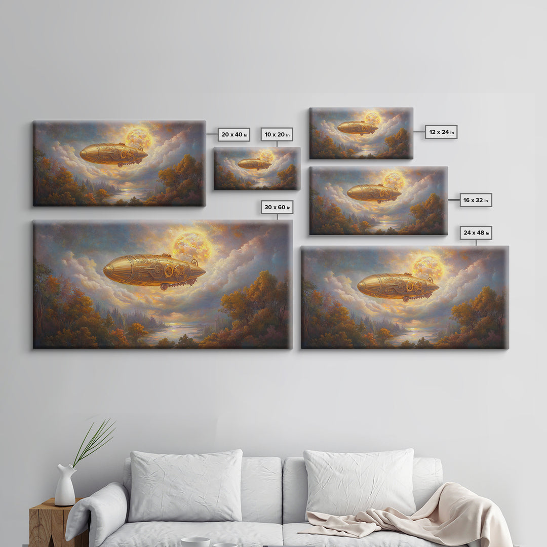 Golden Steampunk Airship Framed Canvas Print, Autumn River Landscape Wall Art, Celestial Moon Decor, Fantasy Office Art Print