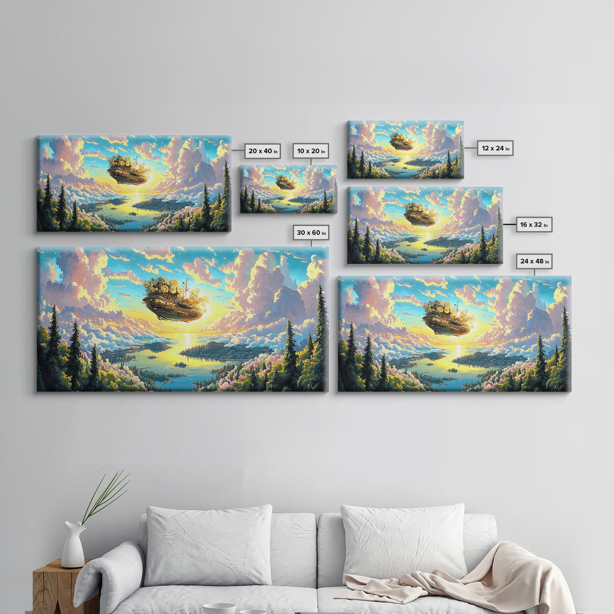 Floating Clockwork Island Canvas Print, Dreamy Lake Sunrise Wall Art, Pastel Cloud Fantasy Decor, Whimsical Home Decor Art