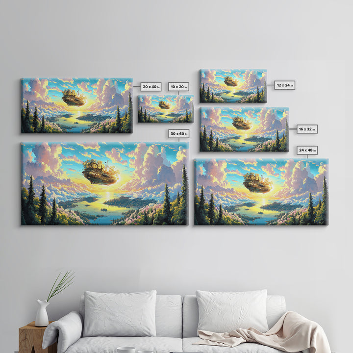 Floating Clockwork Island Canvas Print, Dreamy Lake Sunrise Wall Art, Pastel Cloud Fantasy Decor, Whimsical Home Decor Art