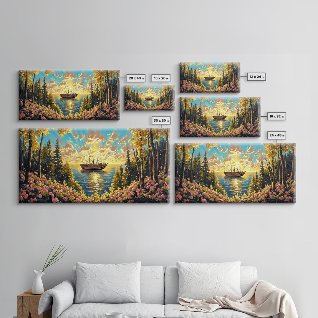 Sunset Boat On Forest Lake Wall Art, Wildflower Coastal Landscape Canvas Print, Rustic Nature Home Decor, Cozy Cabin Art
