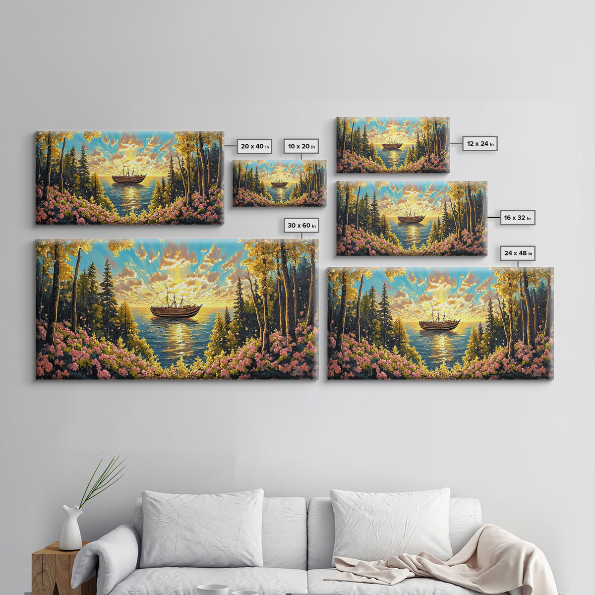 Sunset Boat On Forest Lake Wall Art, Wildflower Coastal Landscape Canvas Print, Rustic Nature Home Decor, Cozy Cabin Art
