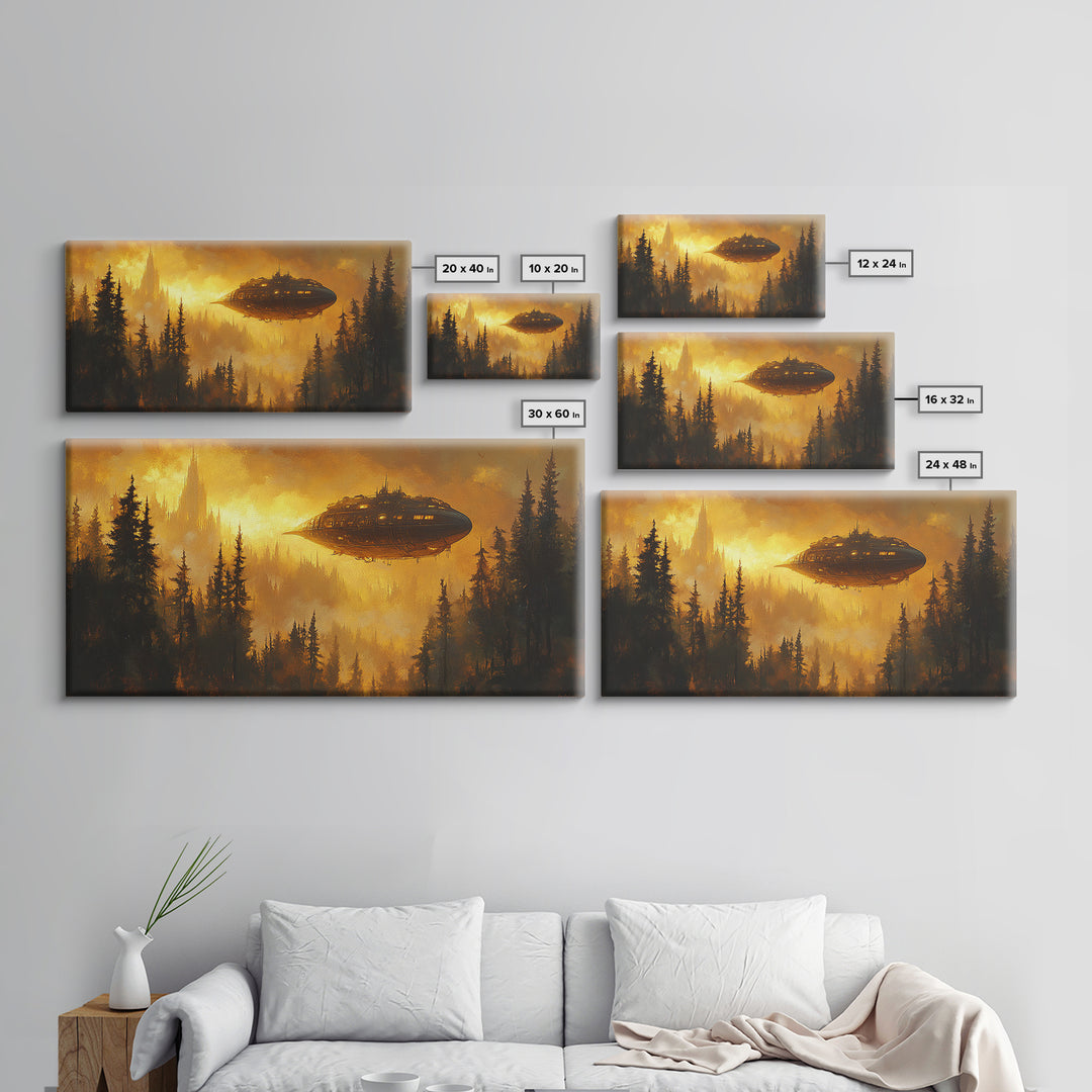 Golden Airship Over Pine Forest Wall Art, Dark Fantasy Castle Canvas Print, Moody Steampunk Landscape, Gothic Home Decor