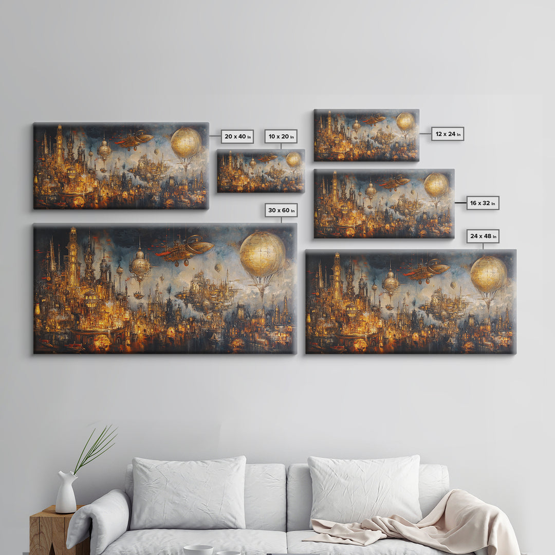 Steampunk Fantasy City With Airships Framed Canvas Print, Futuristic Wall Art, Dark Sci Fi Decor, Large Gothic Skyline Art