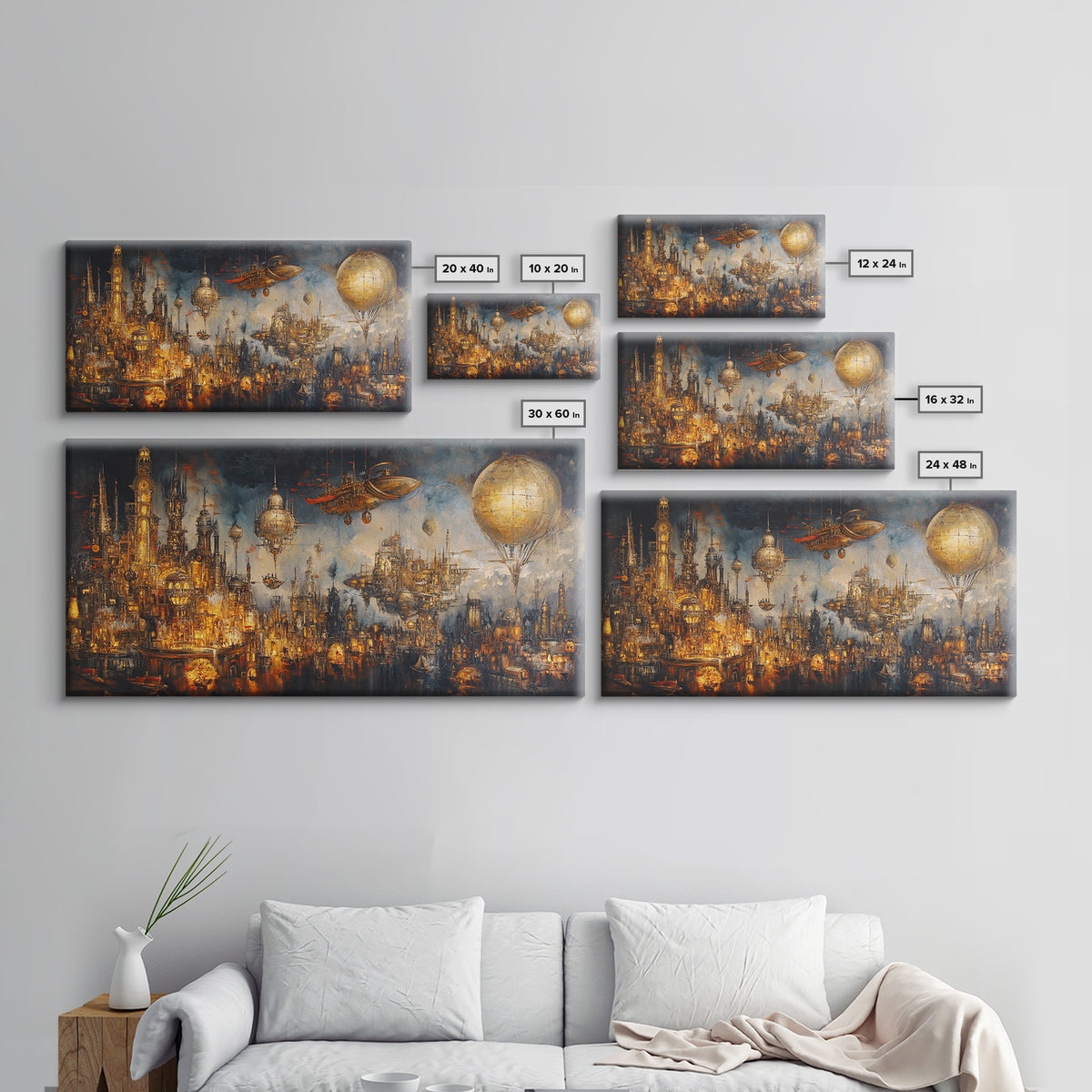 Steampunk Fantasy City With Airships Framed Canvas Print, Futuristic Wall Art, Dark Sci Fi Decor, Large Gothic Skyline Art