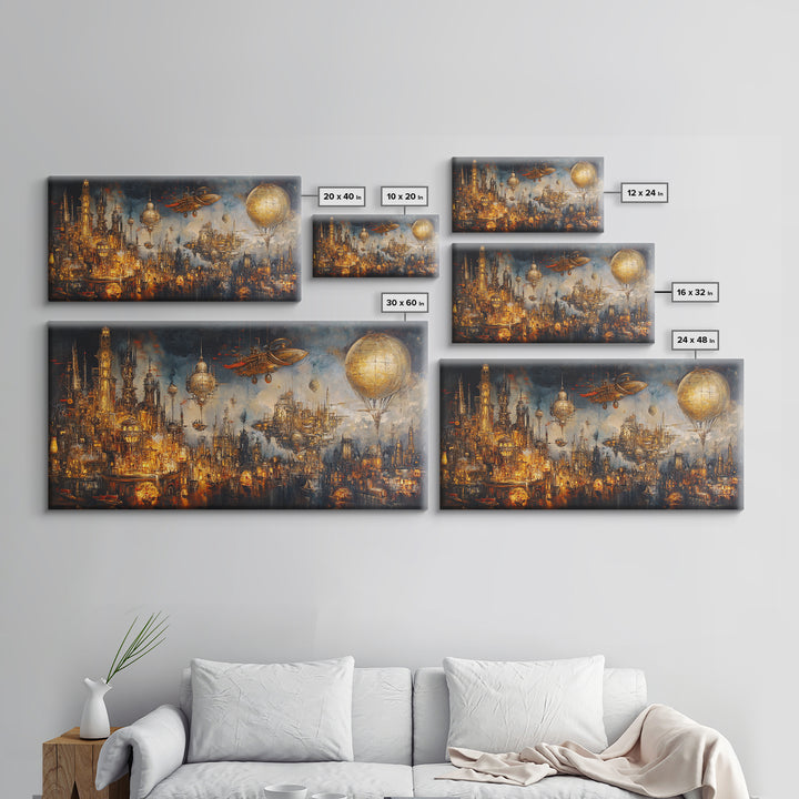 Steampunk Fantasy City With Airships Framed Canvas Print, Futuristic Wall Art, Dark Sci Fi Decor, Large Gothic Skyline Art