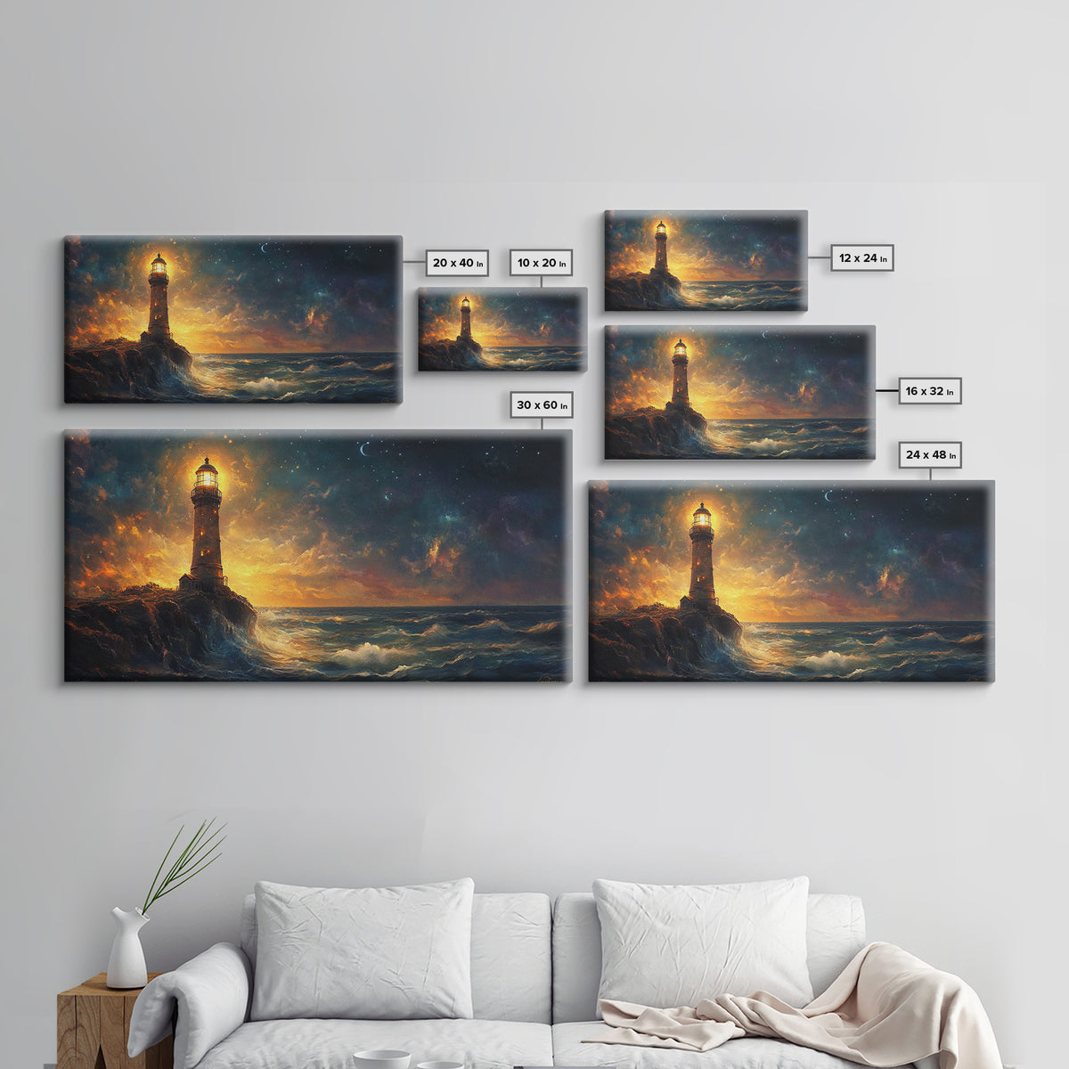 Stormy Lighthouse At Night Framed Canvas Print, Moody Seascape Wall Art, Coastal Decor, Ocean Painting, Gift For Him, Office Decor