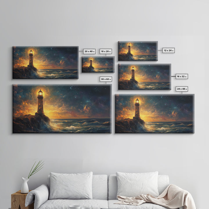 Stormy Lighthouse At Night Framed Canvas Print, Moody Seascape Wall Art, Coastal Decor, Ocean Painting, Gift For Him, Office Decor