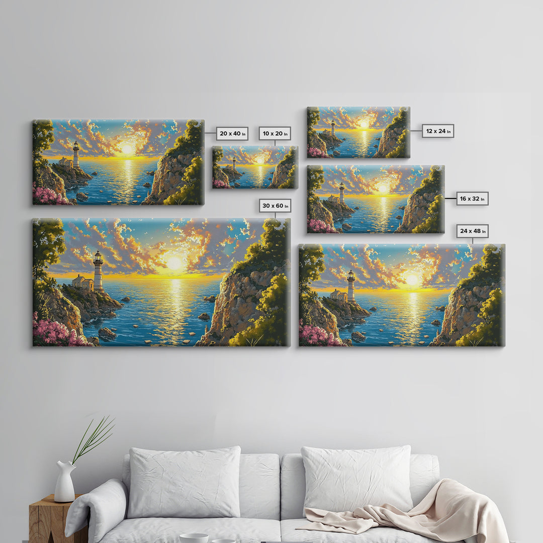Golden Coastal Cove Lighthouse Canvas Print, Beach Wall Art, Ocean Sunset Painting, Nautical Decor, Living Room Wall Art