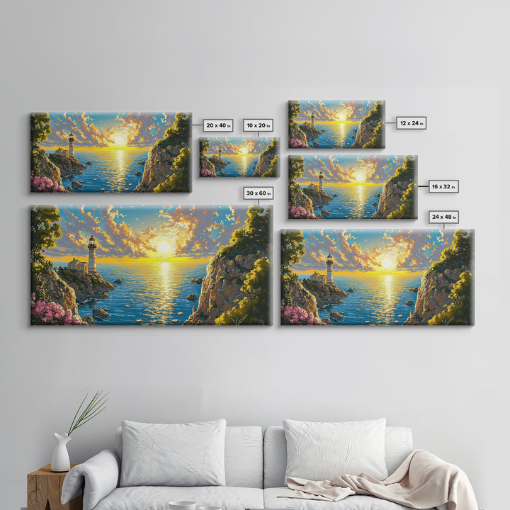 Golden Coastal Cove Lighthouse Canvas Print, Beach Wall Art, Ocean Sunset Painting, Nautical Decor, Living Room Wall Art