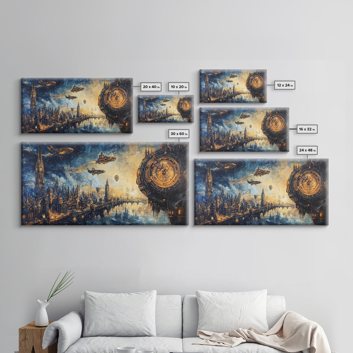 Sci Fi Clockwork City With Airships Framed Canvas Print, Futuristic Wall Art, Space Decor, Cyberpunk Cityscape Art, Large Wall Art