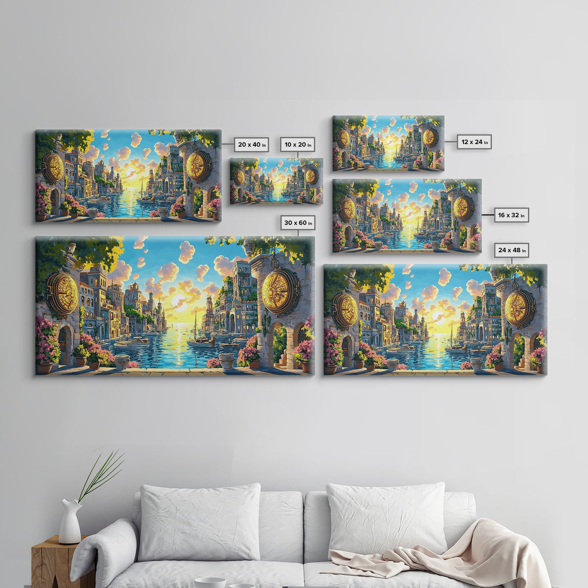 Glowing Canal City With Golden Portals Framed Canvas Print, Mediterranean Wall Art, Coastal Decor, Fantasy Landscape Art
