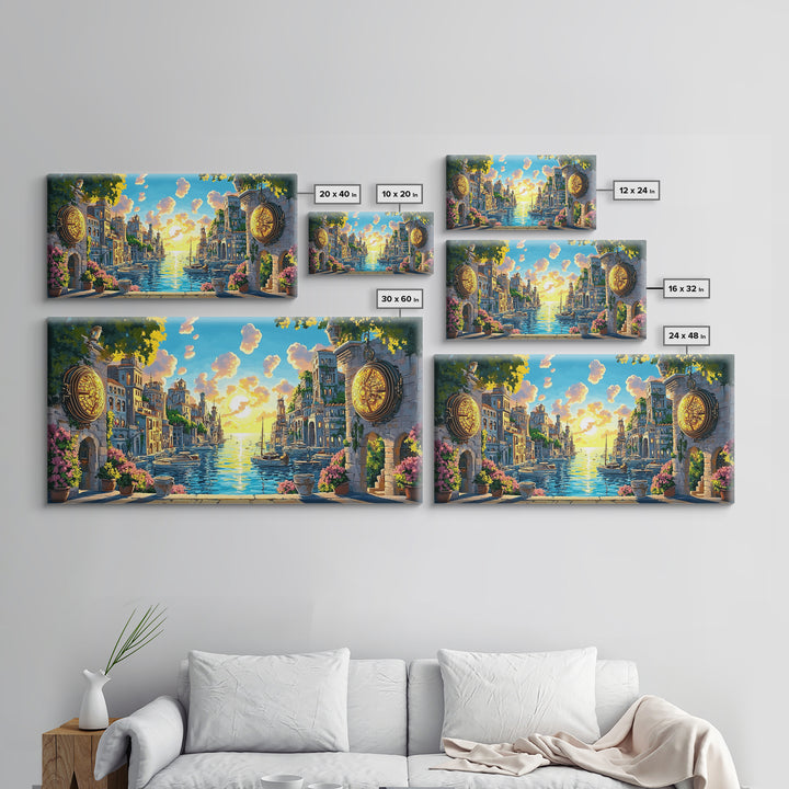 Glowing Canal City With Golden Portals Framed Canvas Print, Mediterranean Wall Art, Coastal Decor, Fantasy Landscape Art