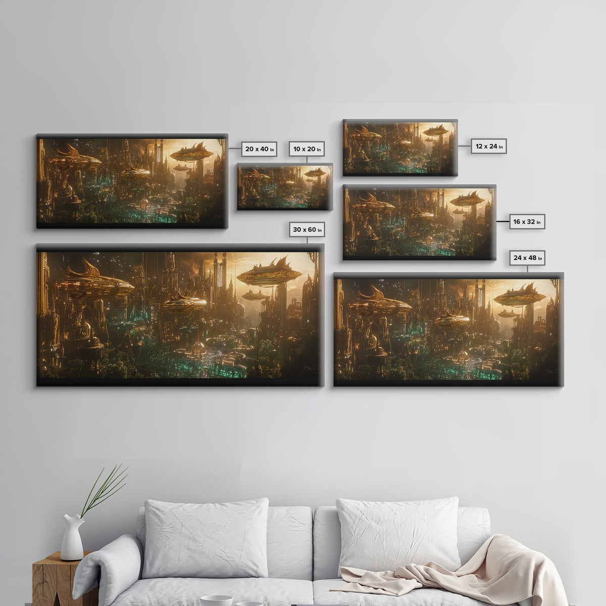Golden Futuristic City With Airships Canvas Print, Cyberpunk Wall Art, Sci Fi Decor, Dark Fantasy Skyline, Large Wall Art