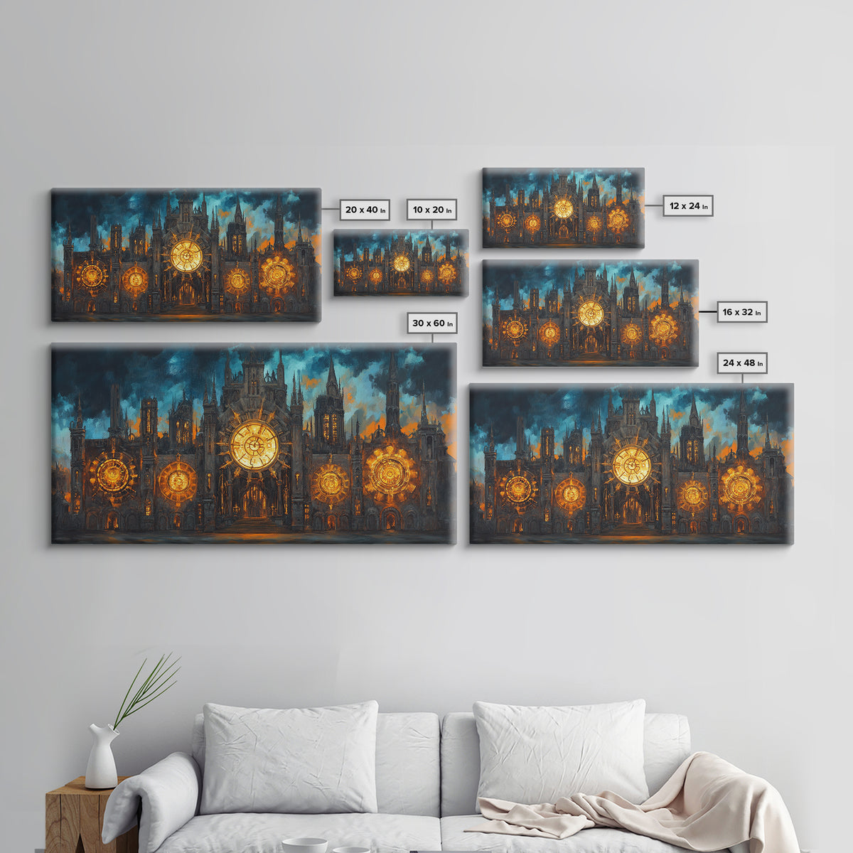 Gothic Clockwork Cathedral With Glowing Clocks Framed Canvas Print, Dark Academia Wall Art, Steampunk Decor, Large Wall Art