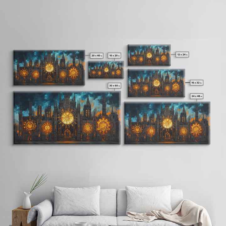Gothic Clockwork Cathedral With Glowing Clocks Framed Canvas Print, Dark Academia Wall Art, Steampunk Decor, Large Wall Art