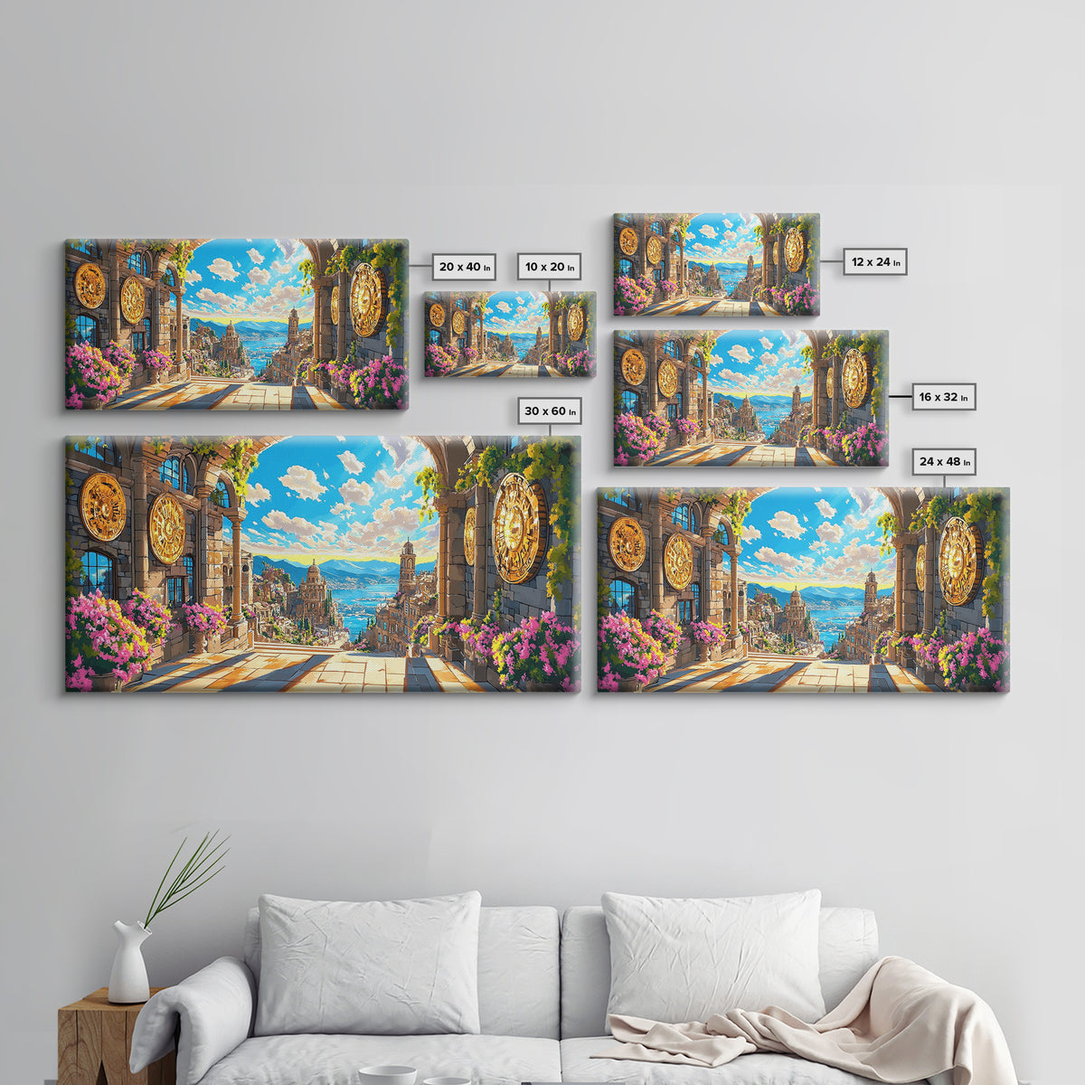 Sunlit Mediterranean Archway And Floral Coastal City Wall Art, Fantasy Italy Seascape Print, Large Travel Decor Home Decor Canvas Print