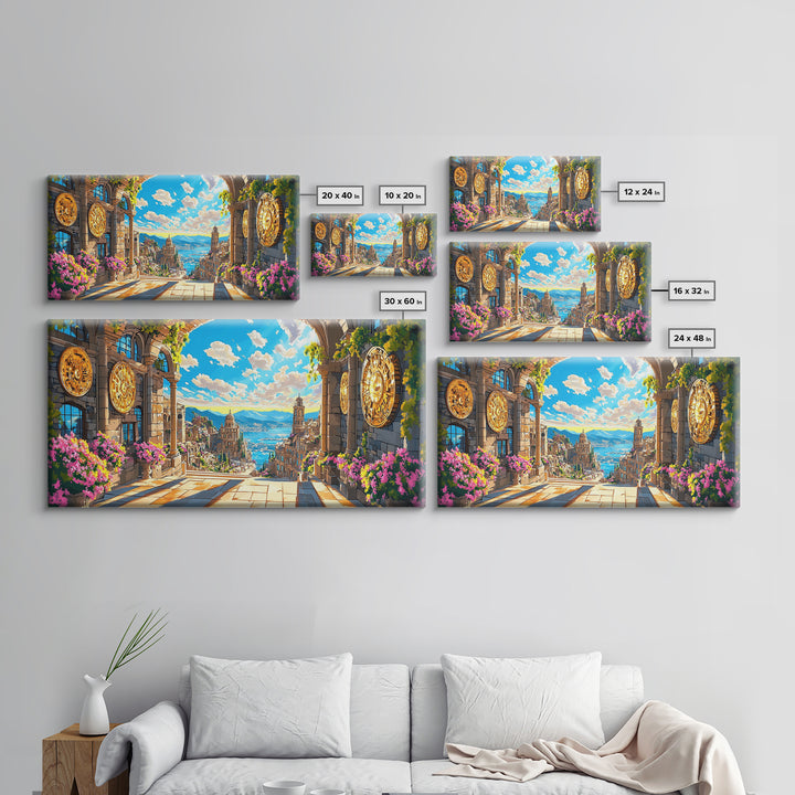Sunlit Mediterranean Archway And Floral Coastal City Wall Art, Fantasy Italy Seascape Print, Large Travel Decor Home Decor Canvas Print