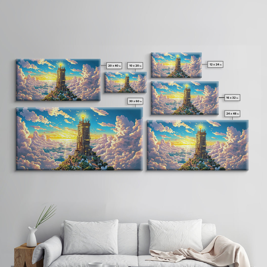 Golden Tower Above The Clouds Canvas Print, Fantasy Sky Castle Wall Art, Celestial Sunset Landscape For Living Room Decor
