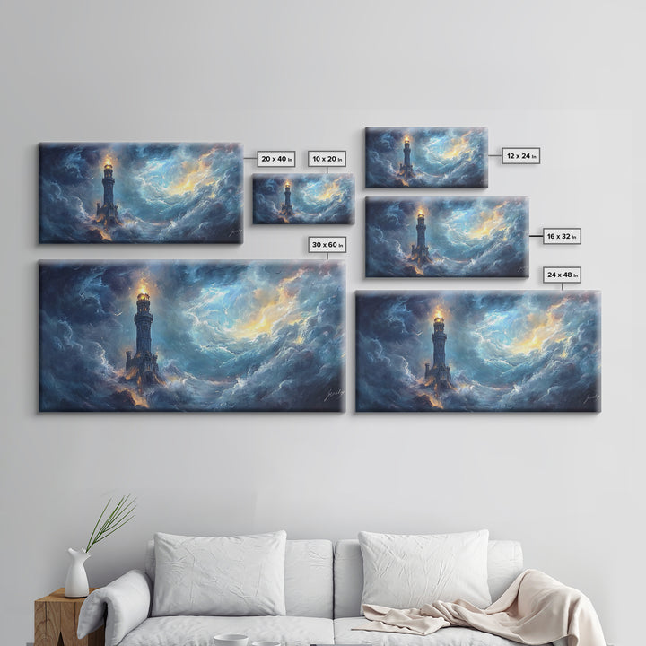 Stormy Lighthouse In Rolling Clouds Framed Canvas Print, Moody Seascape Wall Art, Dark Fantasy Ocean Decor For Living Room
