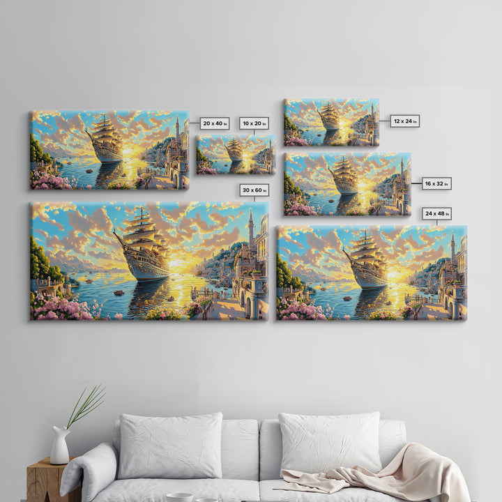 Golden Sailing Ship At Sunset Framed Canvas Print, Amalfi Coast Wall Art, Mediterranean Seascape Large Coastal Travel Home Decor