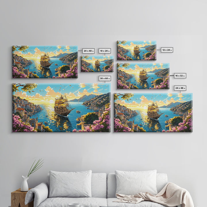 Ornate Ship In Sunlit Harbor Canvas Print, Mediterranean Coastal Wall Art, Floral Seascape Travel Home Decor For Living Room