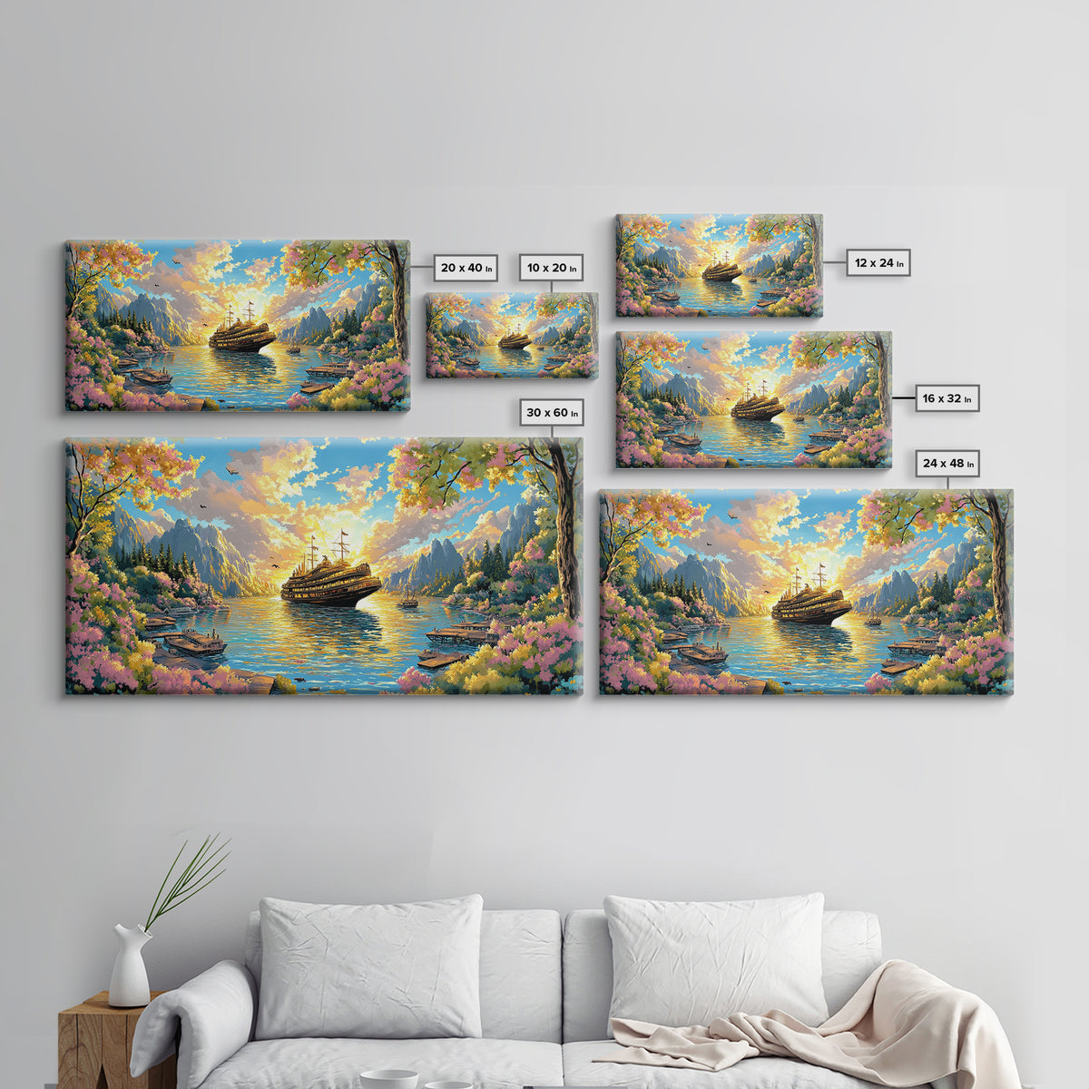 Mountain Lake With Blooming Flowers Wall Art, Fantasy Sailing Ship Canvas Print, Colorful Nature Landscape Large Home Decor