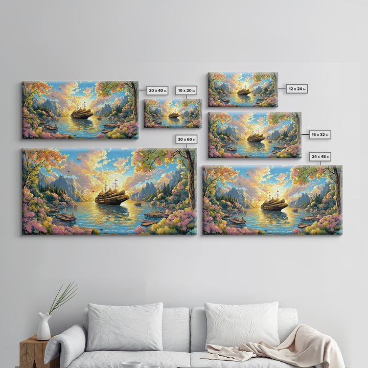 Mountain Lake With Blooming Flowers Wall Art, Fantasy Sailing Ship Canvas Print, Colorful Nature Landscape Large Home Decor