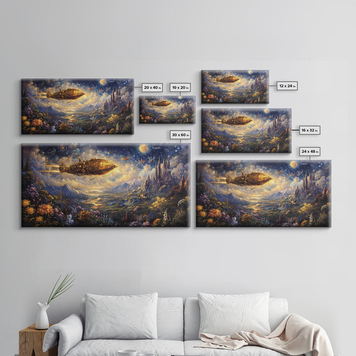 Golden Airship Over Moonlit Castle Valley Framed Canvas Print, Celestial Fantasy Wall Art, Steampunk Landscape Decor For Living Room