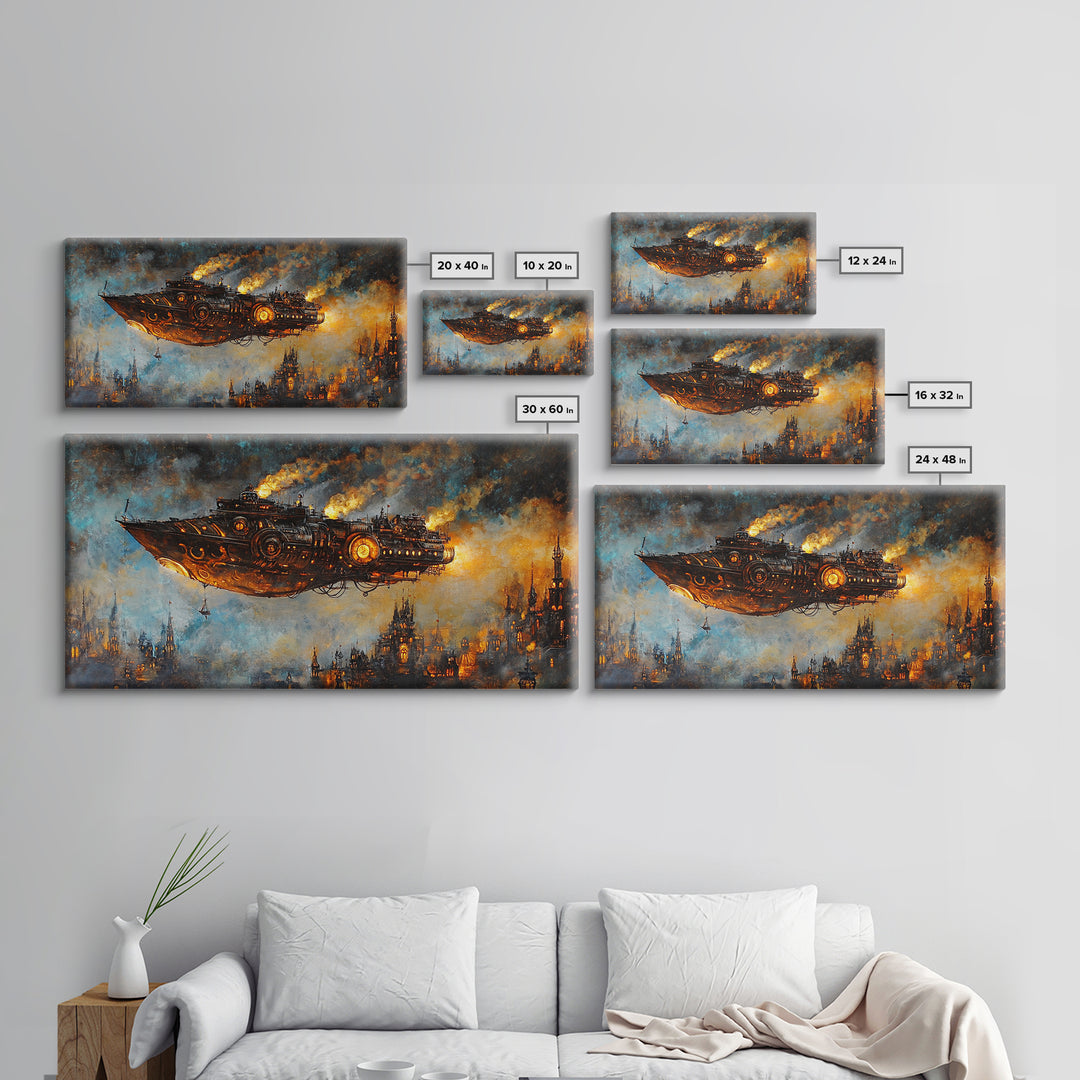 Dark Steampunk Airship Above Industrial City Canvas Print, Sci Fi Fantasy Wall Art, Moody Urban Living Room Decor For Home Office