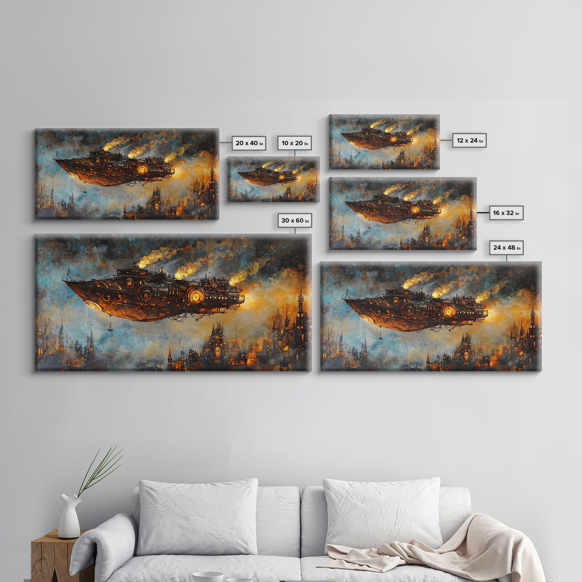 Dark Steampunk Airship Above Industrial City Canvas Print, Sci Fi Fantasy Wall Art, Moody Urban Living Room Decor For Home Office