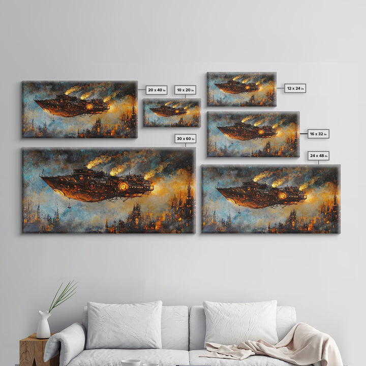 Dark Steampunk Airship Above Industrial City Canvas Print, Sci Fi Fantasy Wall Art, Moody Urban Living Room Decor For Home Office