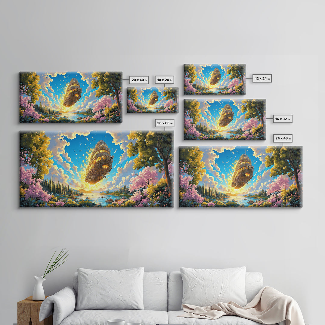 Golden Steampunk Airship Over Blossom Lake Canvas Print, Large Fantasy Landscape Wall Art, Whimsical Coastal Home Decor Gift