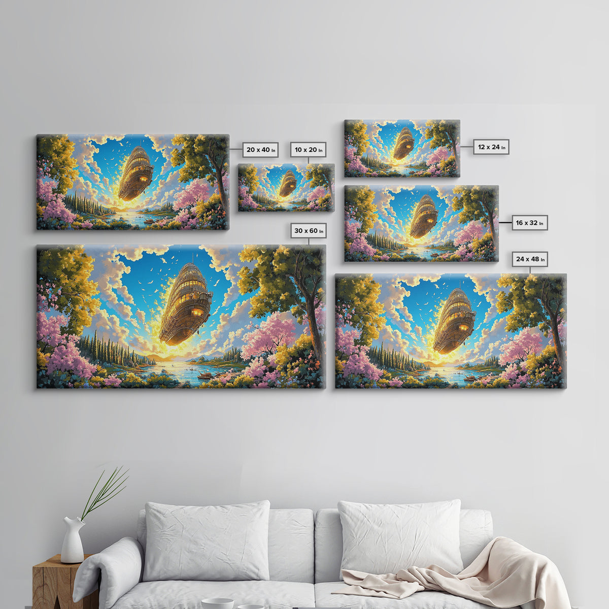 Golden Steampunk Airship Over Blossom Lake Canvas Print, Large Fantasy Landscape Wall Art, Whimsical Coastal Home Decor Gift