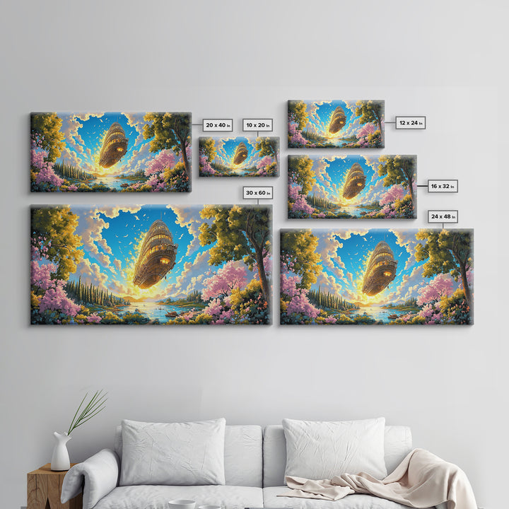 Golden Steampunk Airship Over Blossom Lake Canvas Print, Large Fantasy Landscape Wall Art, Whimsical Coastal Home Decor Gift
