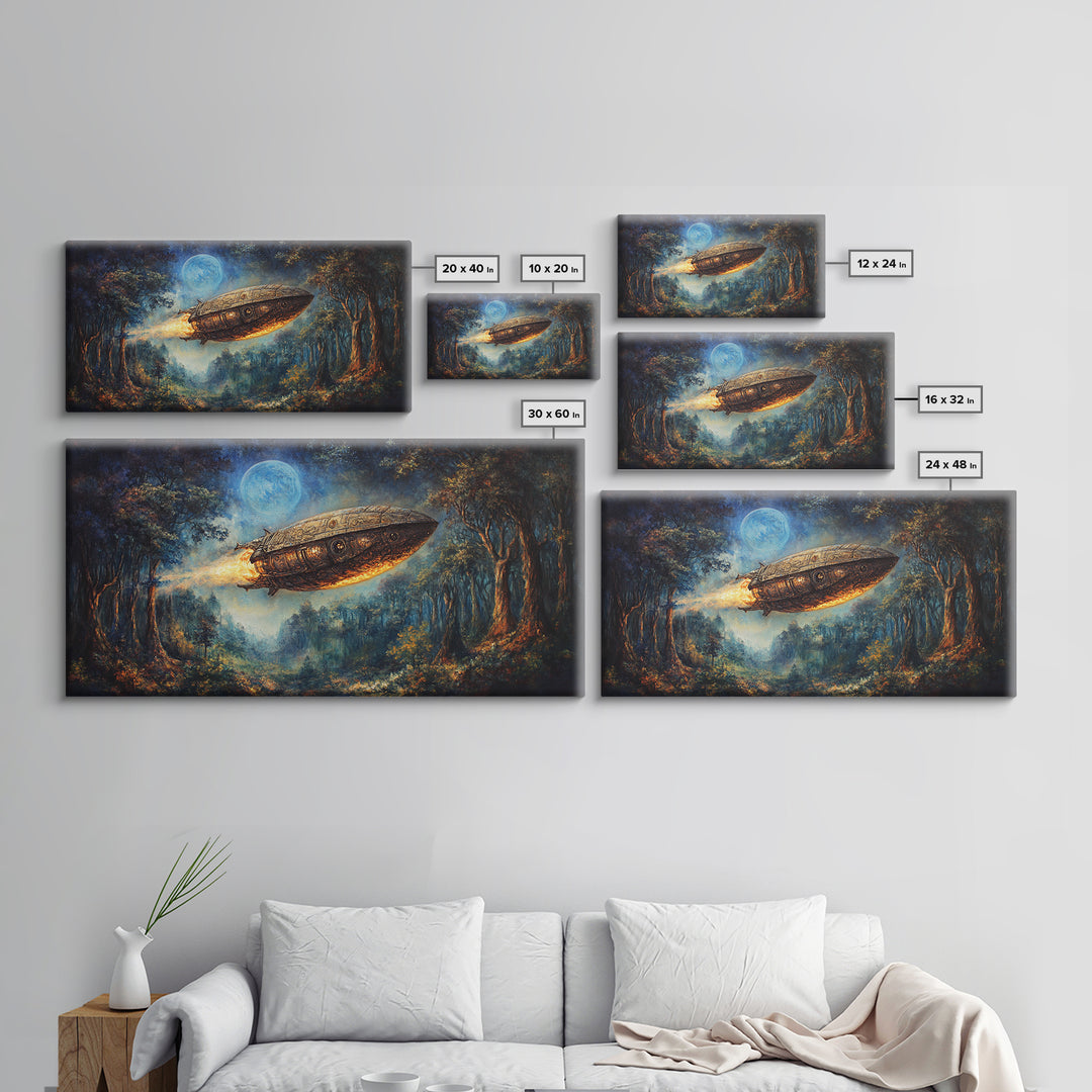Moonlit Steampunk Airship In Dark Forest Framed Canvas Print, Fantasy Wall Art, Moody Gothic Living Room And Office Decor