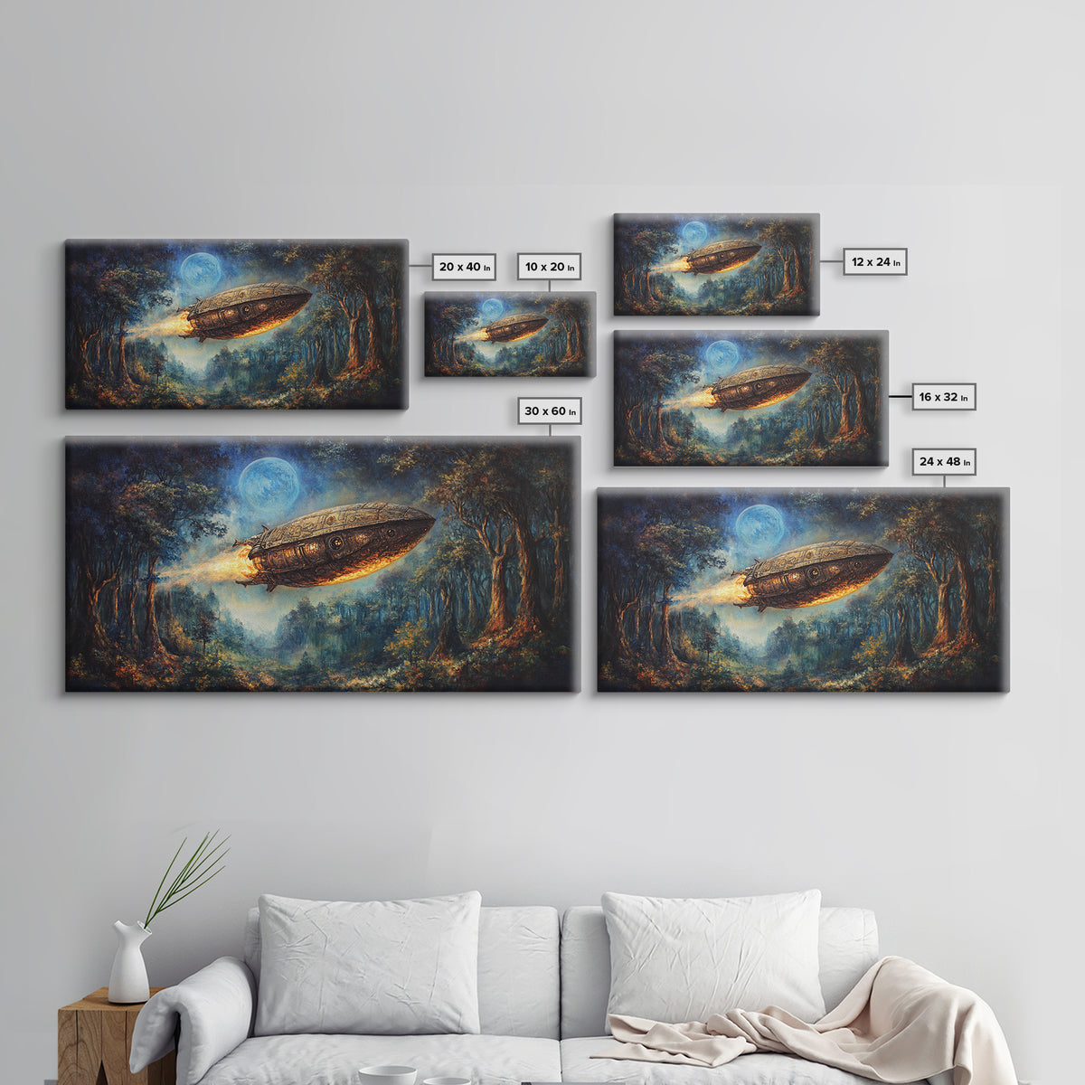Moonlit Steampunk Airship In Dark Forest Framed Canvas Print, Fantasy Wall Art, Moody Gothic Living Room And Office Decor