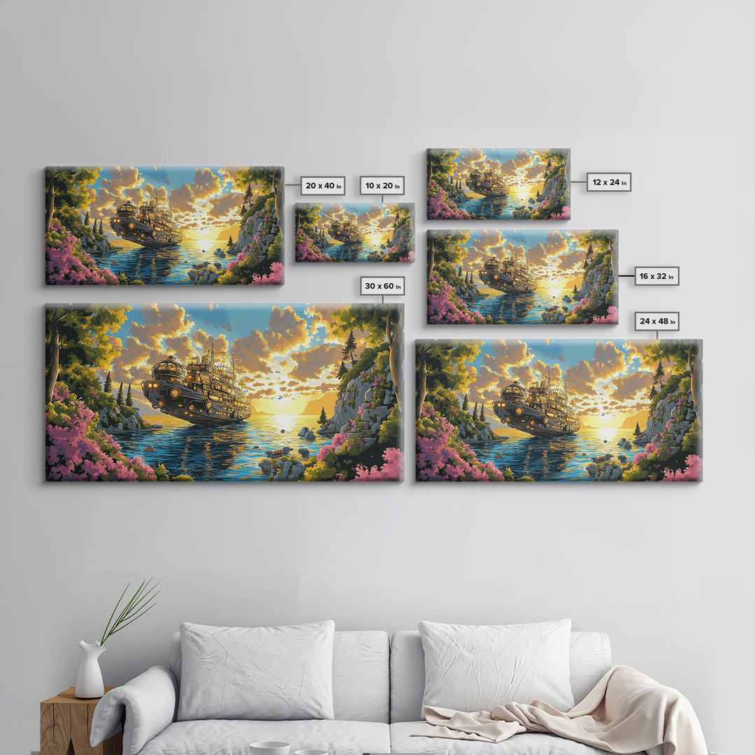 Mechanical Steampunk Ship On Sunlit Mountain Lake Canvas Print, Fantasy Wall Art, Colorful Coastal Living Room Decor Gift