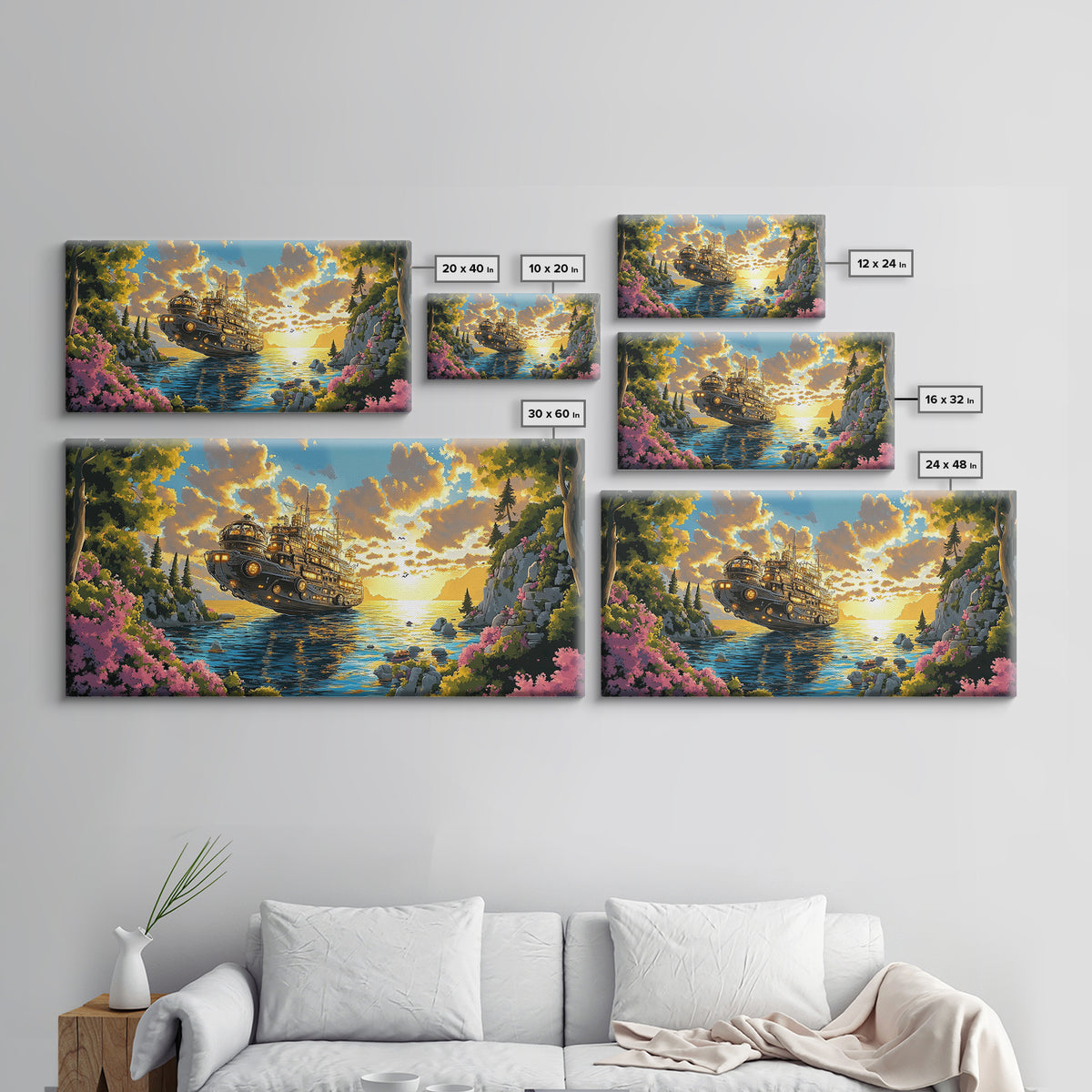 Mechanical Steampunk Ship On Sunlit Mountain Lake Canvas Print, Fantasy Wall Art, Colorful Coastal Living Room Decor Gift